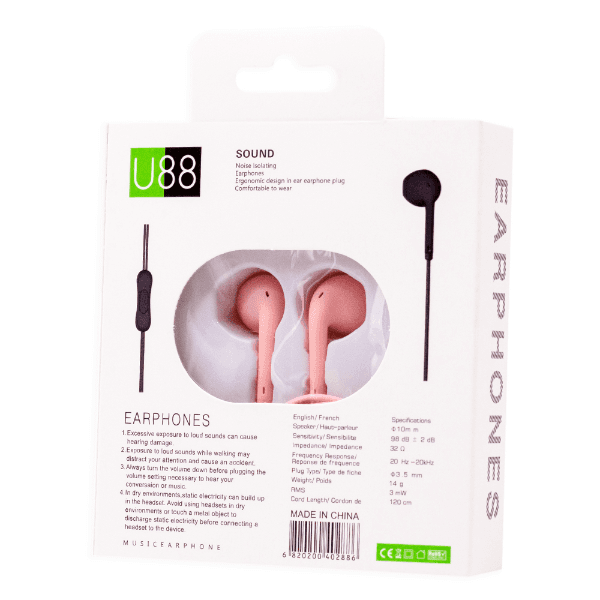 Fone de Ouvido com Fio Geral U88 Extra Bass Aux 3.5Mm Cabo 120CM Rosa