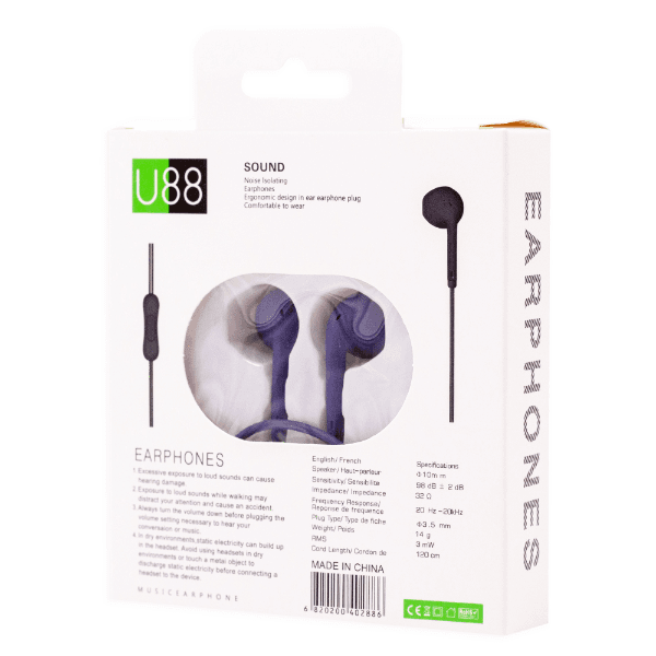 Fone de Ouvido com Fio Geral U88 Extra Bass Aux 3.5Mm Cabo 120CM Roxo