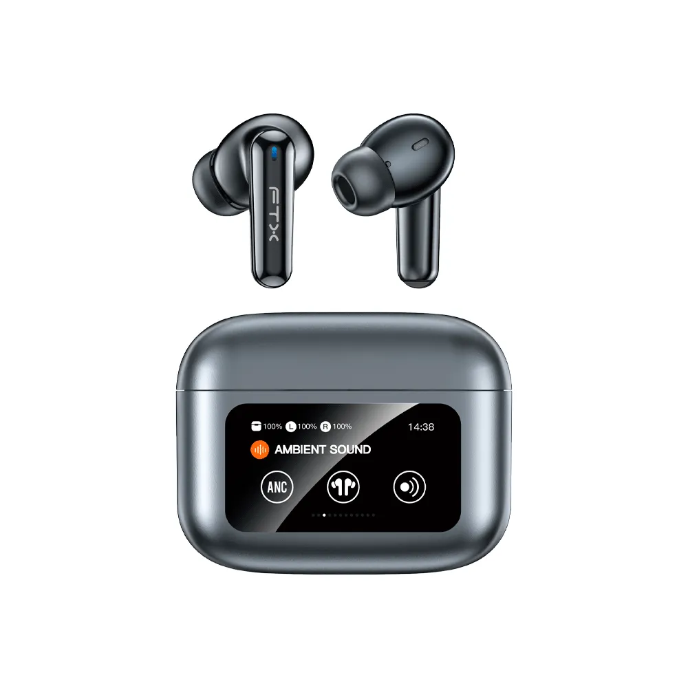 Fones de Ouvido Ftx E56L-Gy BT/MIC/ANC/TOUCH/IPX6 Cinza C/tela LED