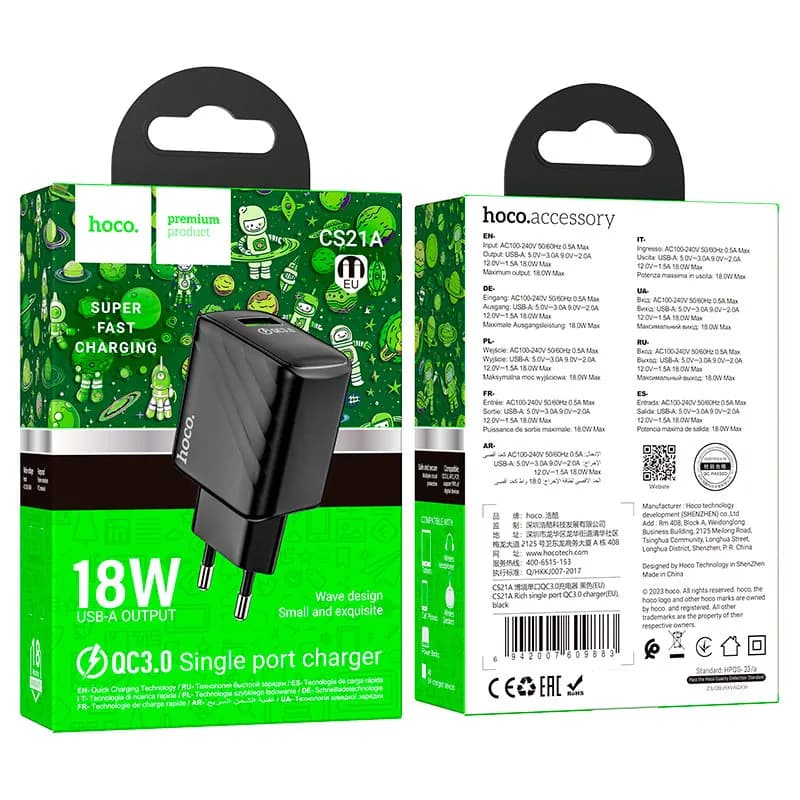 Carregador Hoco CS21A Qc30 18W USB-A Preto