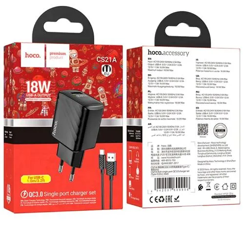 Fonte Hoco CS21A Qc30 18W USB-A + Cabo USB-C 1M Preto