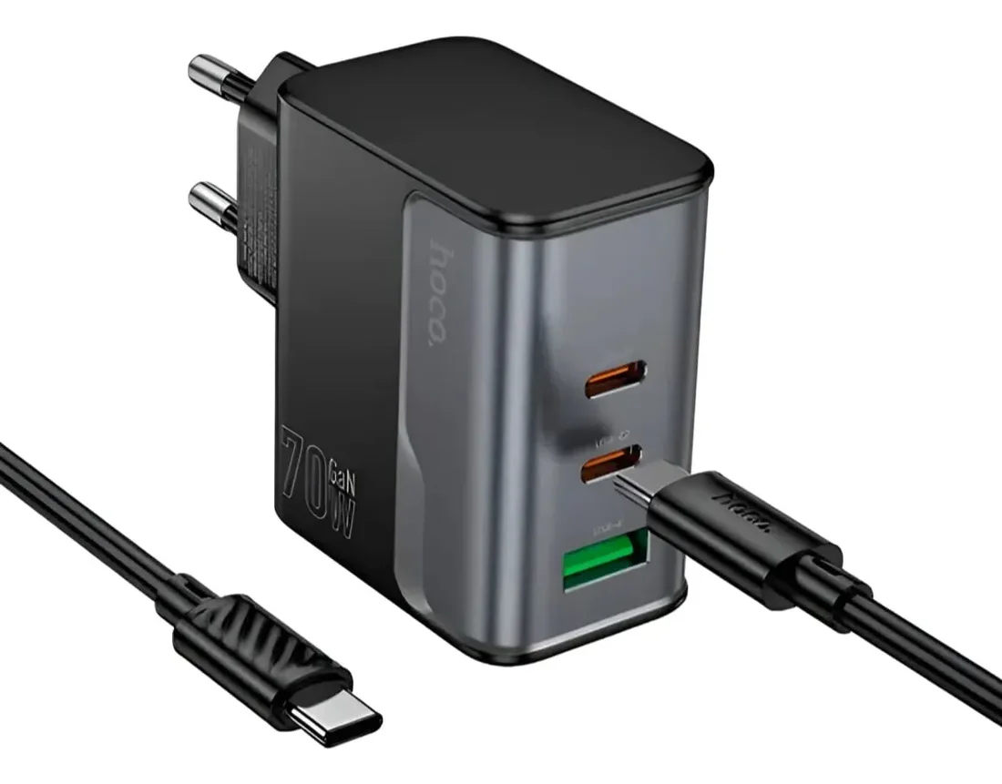Carregador Hoco CS75A 70W USB-C+USB-A com Cabo Preto
