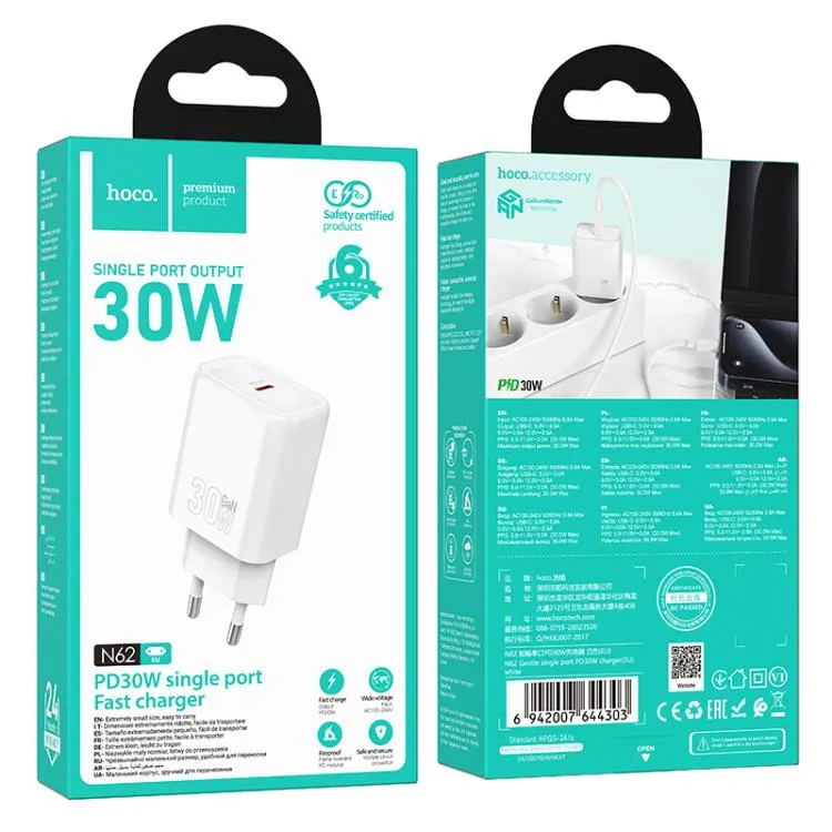 Carregador Hoco N62 USB-C 30W Fonte Branco
