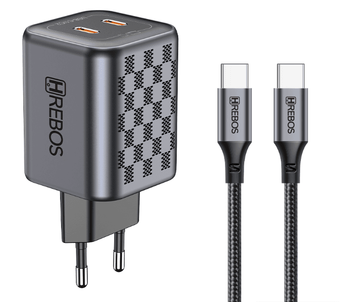 Carregador Hrebos Crg-218C com Cabo USB-C para USB-C Cinza