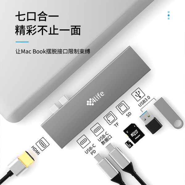 Hub Adaptador Multiporta 4Life 7 Em 1 USB-C Pd 100W, USB-C 3.0, HDMI, 2X USB-A 3.0, Sd, Tf - Cinza