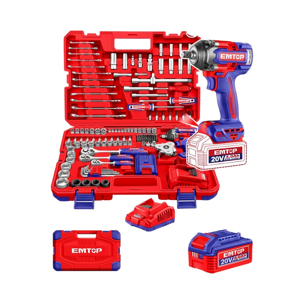Jogo de Ferramentas 152 Peças + Chave de Impacto Emtop 500Nm 20V