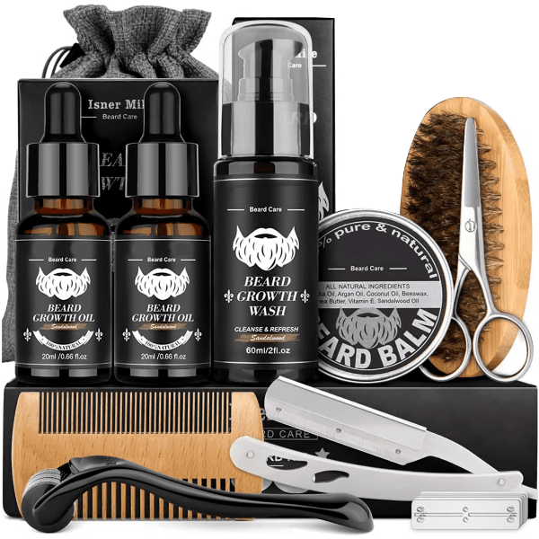 Kit Crescimento de Barba 12 Em 1 Beard Care Geral Shampoo 2 Óleo de Crescimento Bálsamo Escova Pente Tesoura Navalha Dermaroller