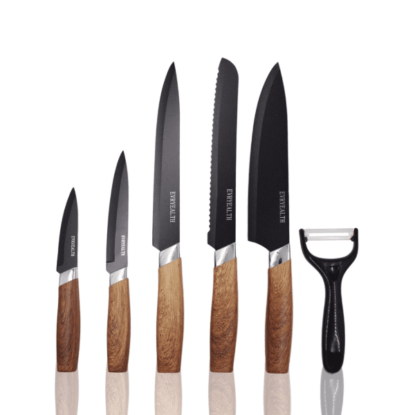 Kit de Facas para Cozinha Evryealth 6 Em 1 com Descascador Preto/Marrom