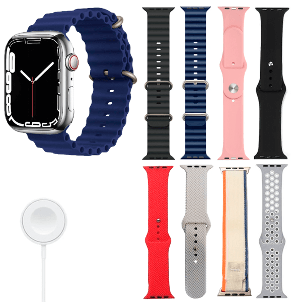 Kit Relógio Smartwatch Amoled Hw-69 Pro Max 8 Em 1 Com Bluetooth 8 Pulseiras Azul