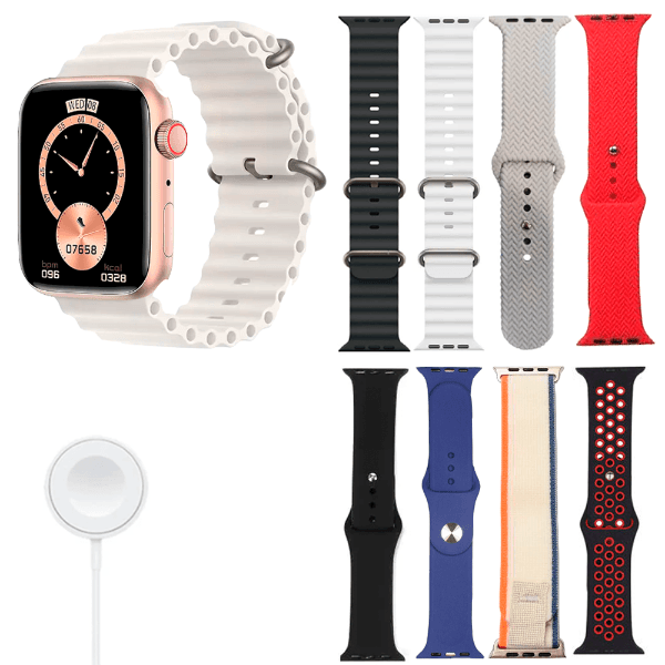 Kit Relógio Smartwatch Amoled Hw-69 Pro Max 8 Em 1 Com Bluetooth 8 Pulseiras Dourado