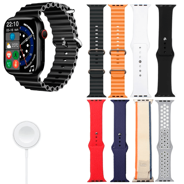 Kit Relógio Smartwatch Amoled Hw-69 Pro Max 8 Em 1 Com Bluetooth 8 Pulseiras Laranja