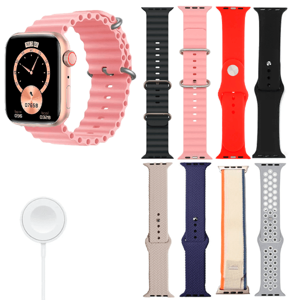 Kit Relógio Smartwatch Amoled Hw-69 Pro Max 8 Em 1 Com Bluetooth 8 Pulseiras Rosa