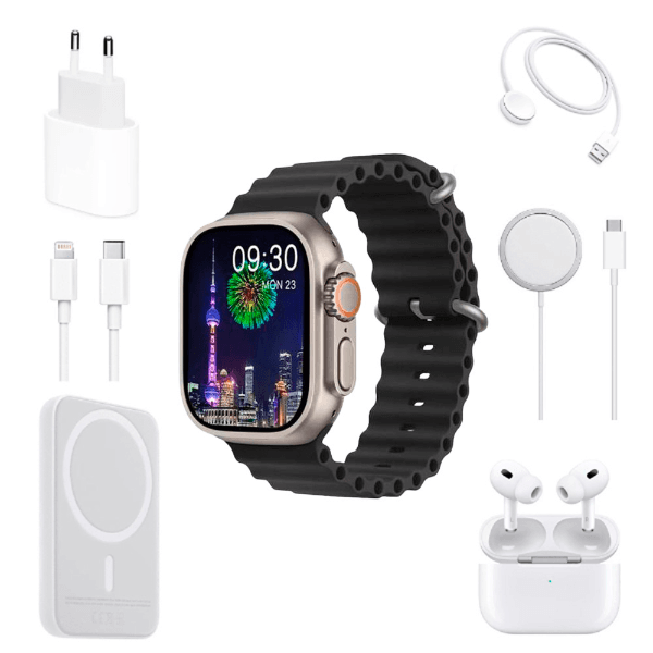 Kit Relógio Smartwatch X12 49MM com Fone de Ouvido, Carregador de Parede USB-C com Cabo USB-C para Lightning, Carregador Portátil e Carregador MagSafe - Preto
