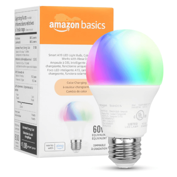 Lâmpada LED Amazon Basics A19 RGB Wifi Compatível com Alexa 120V ~ 60Hz