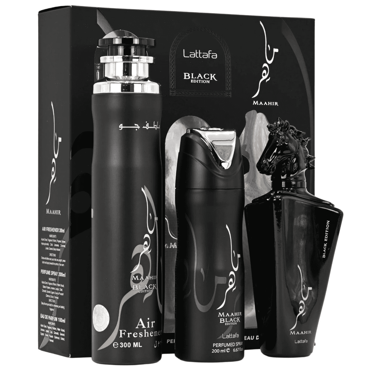 Perfume Lattafa Maahir Black Kit 100ml + Deo + Air Freshener