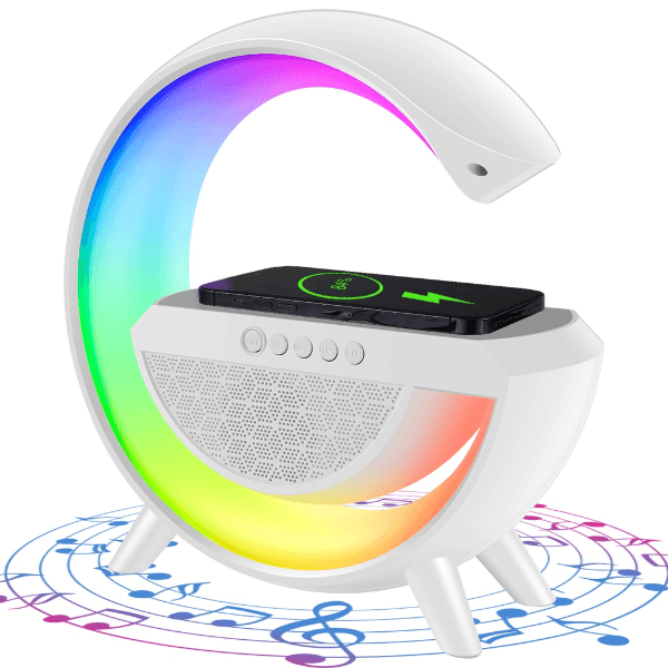 Luminária de Mesa G Led Smart Light Sound Blulory Bs-2301 com Speaker, Luminária Multifuncional LED, RGB, Carregador Sem Fio, Bluetooth, Alto-Falante, Lâmpada de Mesa - Branco