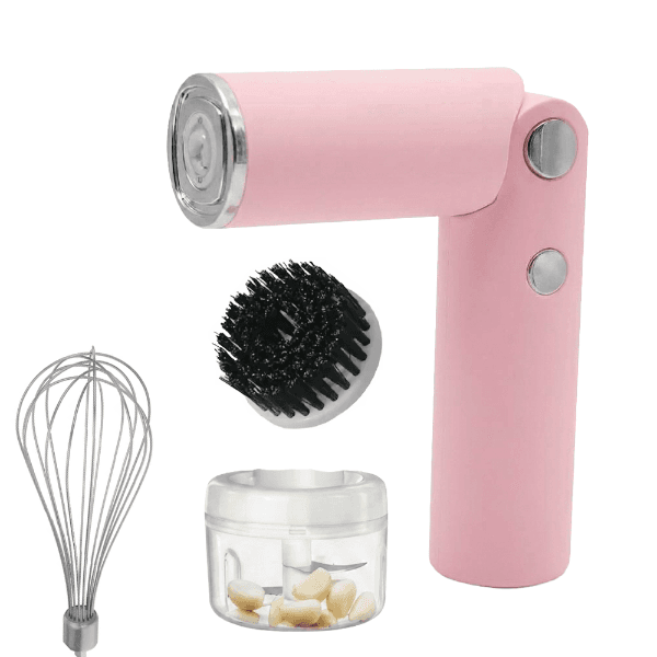 Máquina de Cozinha Multiuso Cleaning And Cooking NO.YYQ902G 3 Em 1 Batedor Elétrico Triturador Elétrico Escova Elétrica 30W Recarregável Rosa