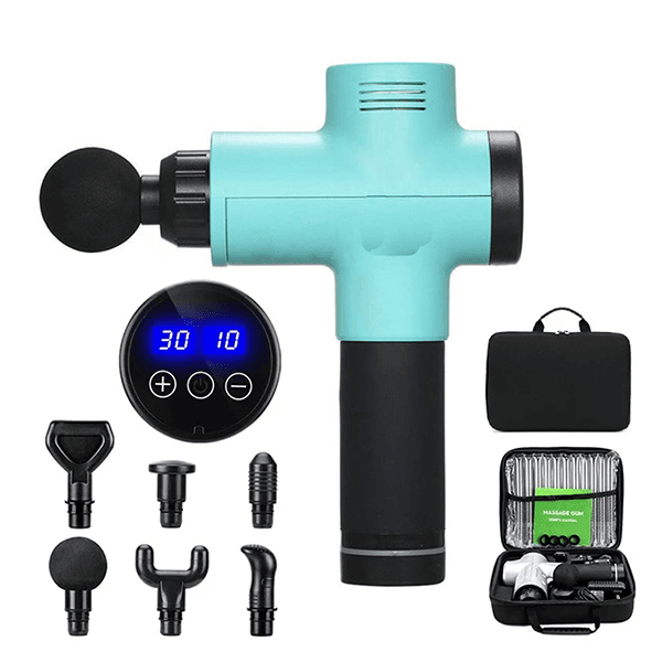Massageador Elétrico Corporal Muscular Portátil Gun 1028 com 6 Acessórios / 3 Velocidades / 100-240V ~ 50/60Hz - Azul Claro/Preto
