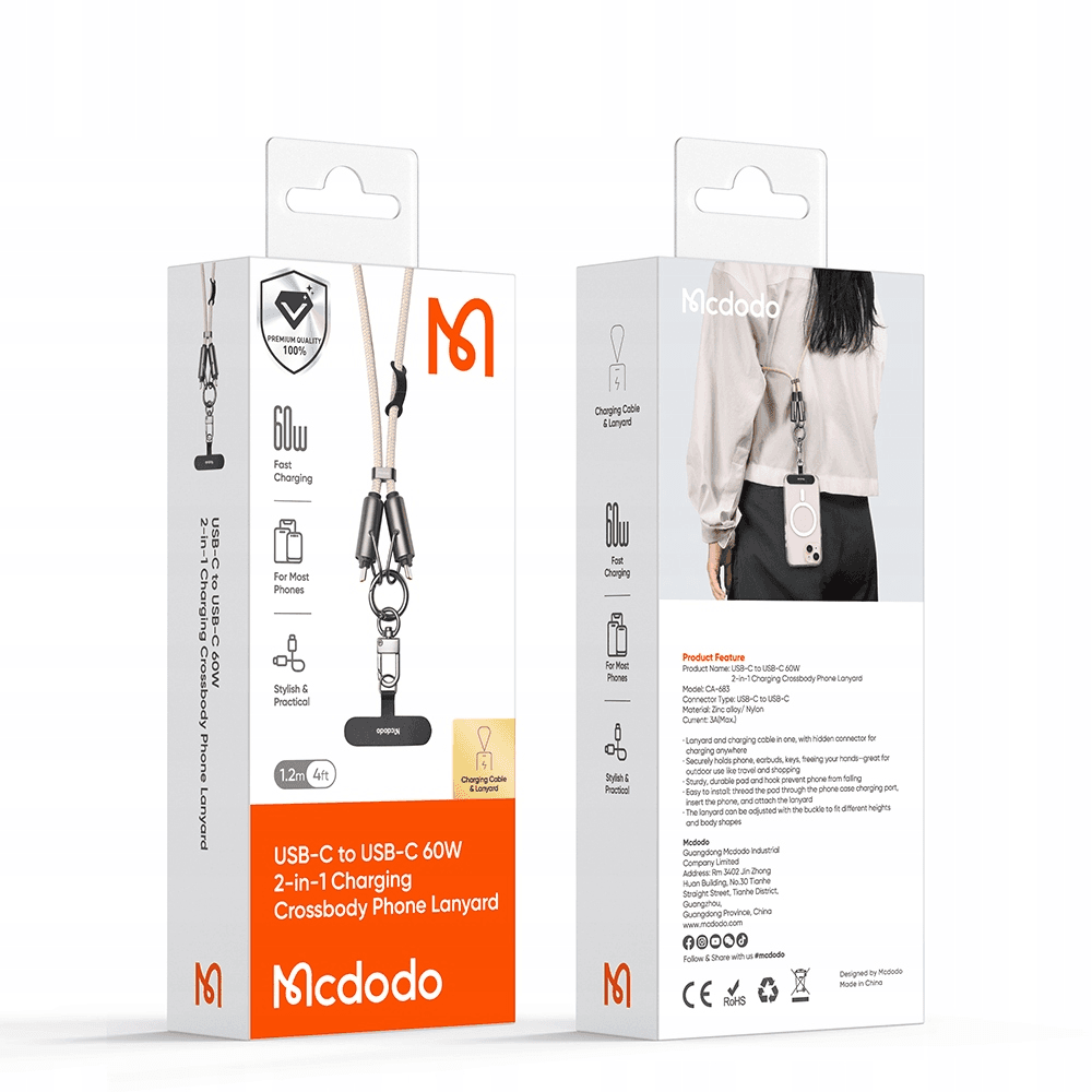 Mcdodo Cable CA-6830 2EN1 USB-C A USB-C 1.2M 60W Negro