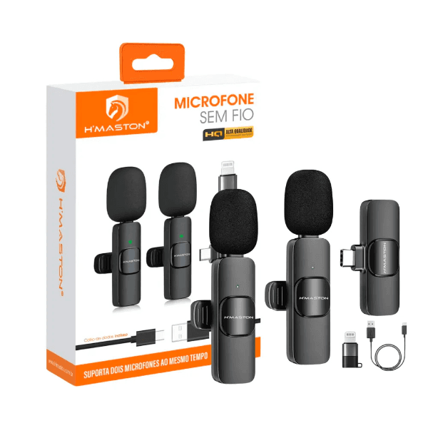 Microfone Sem Fio H'Maston Mk17 para Smartphone / 2 Microfones / USB-C / Com Adaptador para Lightning - Preto