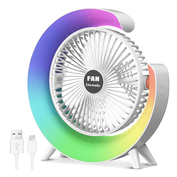 Mini Ventilador de Mesa Recarregável com LED Colorido Branco