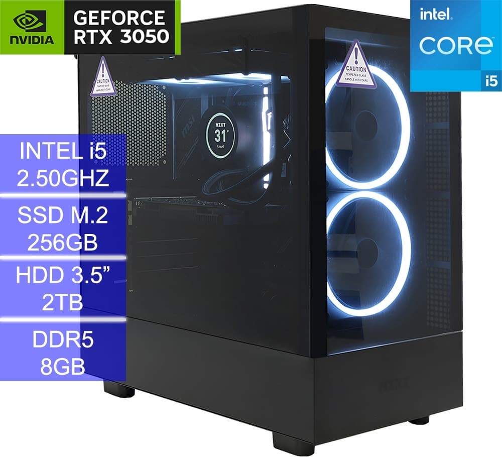Pc Gamer Nzxt H5 Elite Intel i5/8GB/W11/2TB HDD/256GB SSD M.2/GeForce RTX3050 6GB - Preto