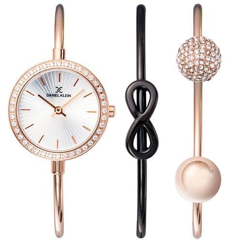 Relógio Analógico Daniel Klein Gift Sets Dk11931-6 Feminino com Duas Pulseiras de Aço Inoxidável Rosa Ouro e Preto