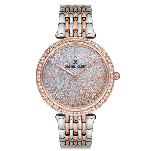 Relógio Analógico Feminino Daniel Klein Dk.1.12687-5 Premium Ladies Pulseira de Aço Inoxidável Prata/Rose Gold Glitter