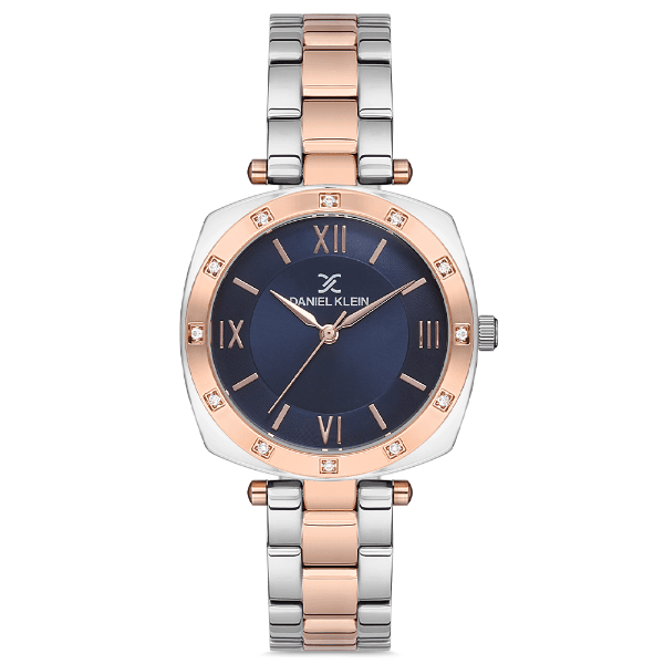 Relógio Analógico Feminino Daniel Klein Dk.1.12688-5 Premium Ladies Pulseira de Aço Inoxidável Prata/Rose Gold/Azul