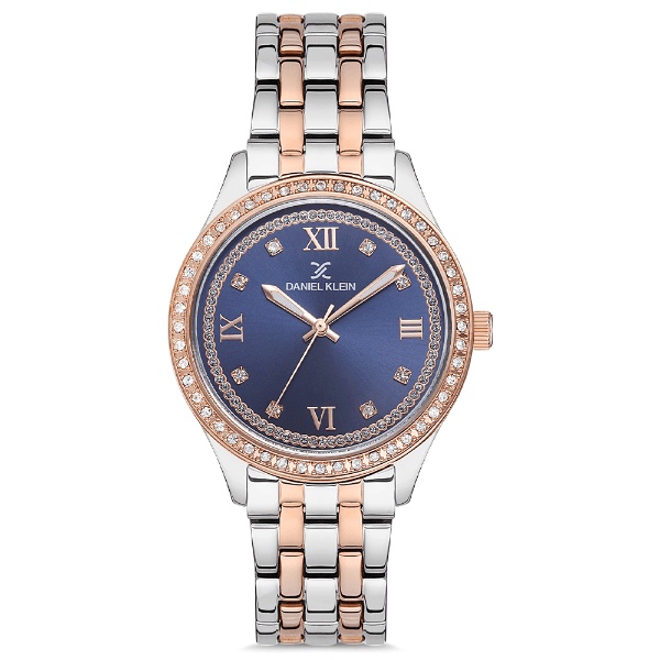Relógio Analógico Feminino Daniel Klein Dk.1.12699-4 Premium Ladies Pulseira de Aço Inoxidável Prata/Rose Gold/Azul