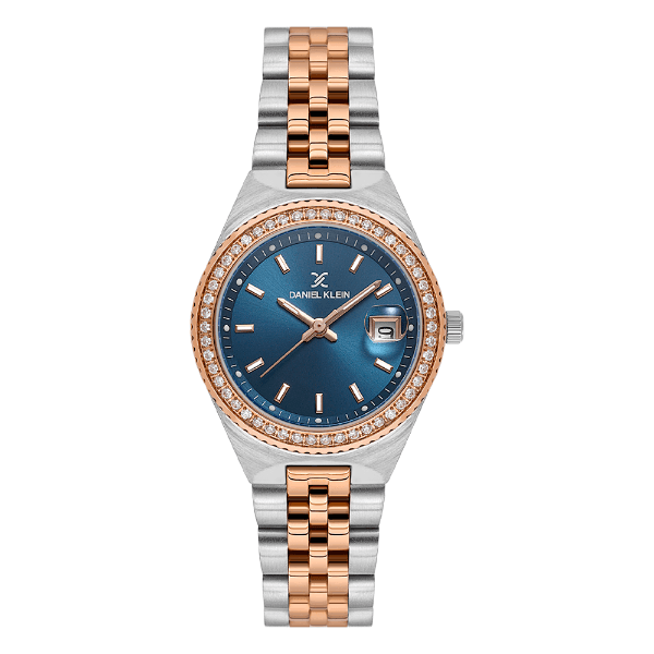 Relógio Analógico Feminino Daniel Klein Dk.1.14304-6 Premium Ladies Pulseira de Aço Inoxidável Prata/Rose Gold/Azul