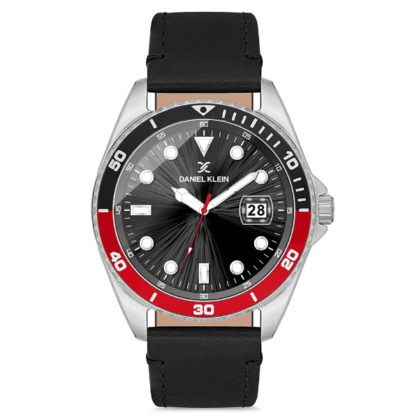 Relógio Analógico Masculino Daniel Klein Dk.1.12665-2 Premium Gents Pulseira de Couro Genuíno Preto/Vermelho/Prata