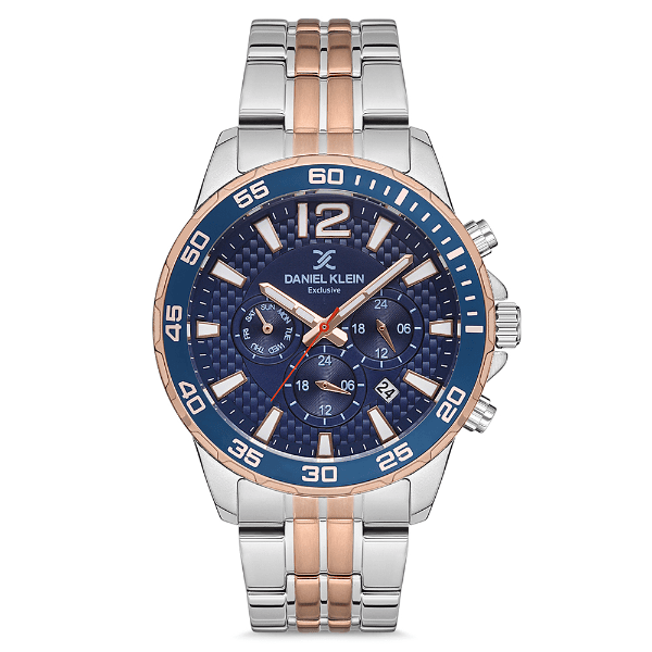 Relógio Analógico Masculino Daniel Klein Dk.1.12675-4 Exclusive Gents Pulseira de Aço Inoxidável Prata Azul Dourado