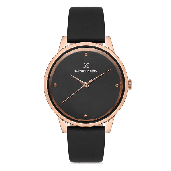 Relógio Analógico Feminino Daniel Klein Dk.1.12685-5 Premium Ladies Pulseira de Couro Genuíno Preto/Rose Gold