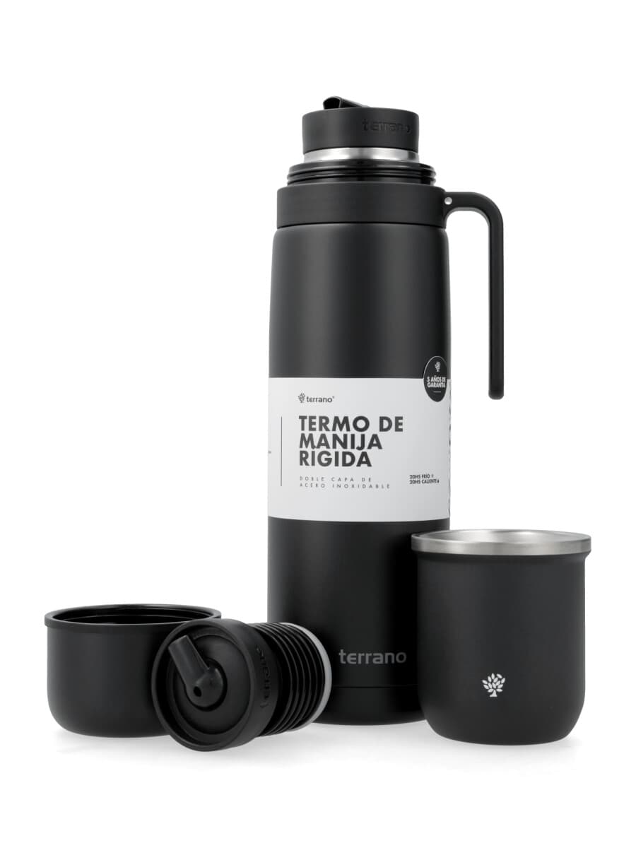 Garrafa Térmica Terrano Aço Inox 750ml C/manija + Bota Prot Negro Metal