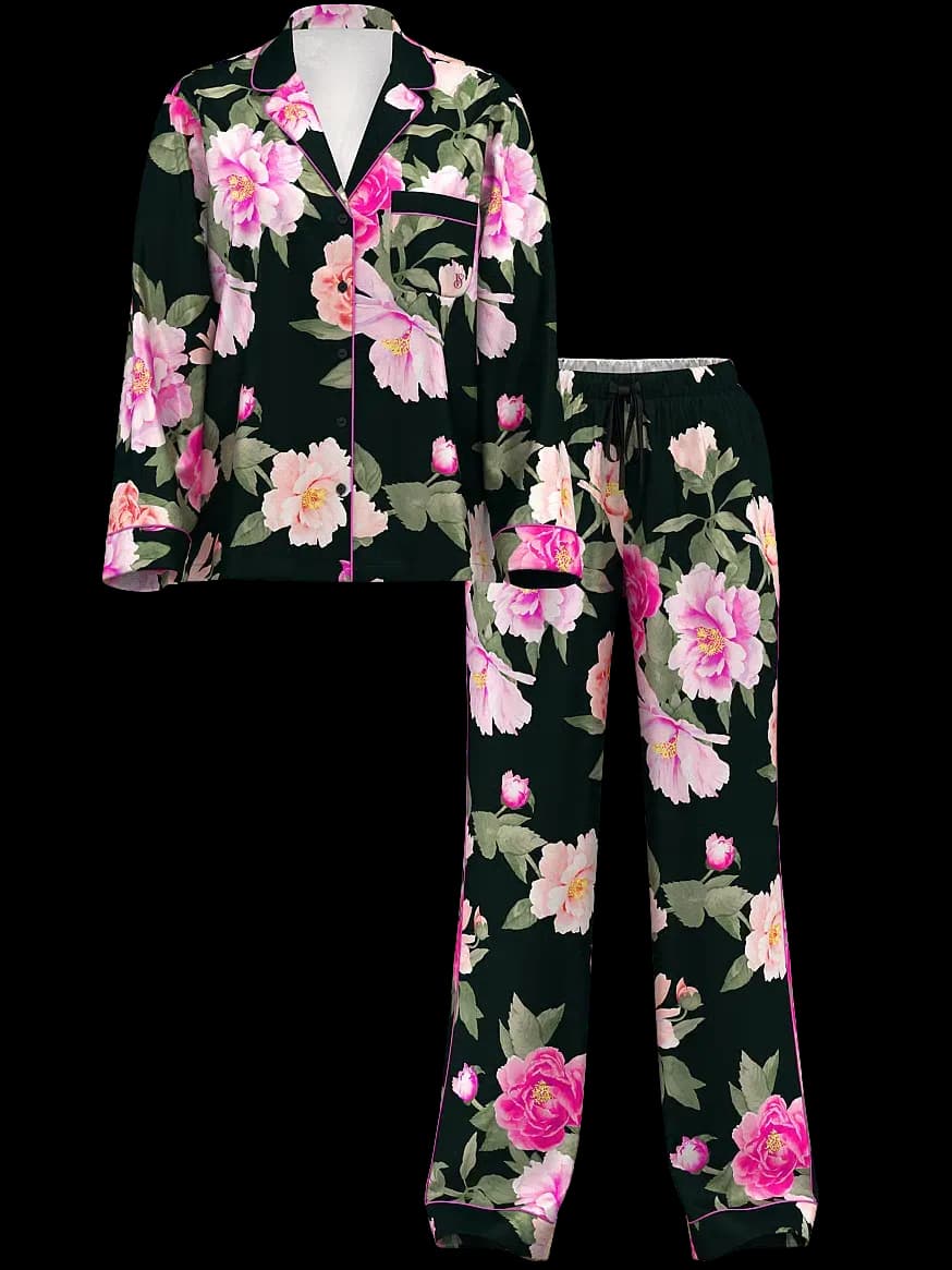 Pijama Victoria's Secret Seda Pantalón Estampado Floral Negro Talla S Tam. P